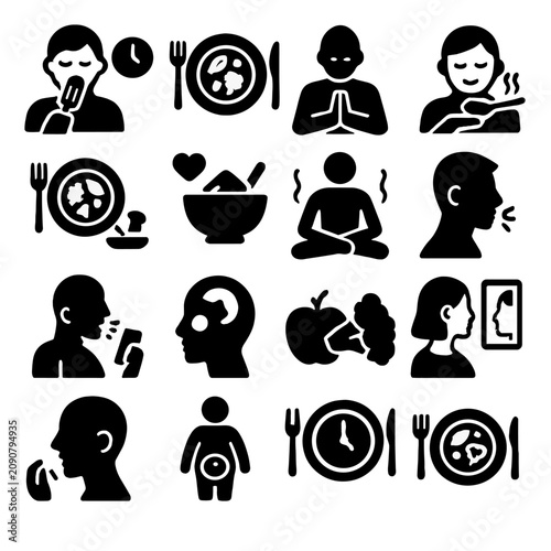 Eating icons mindful signal icon hunger vector chew slowly snack environment savoring