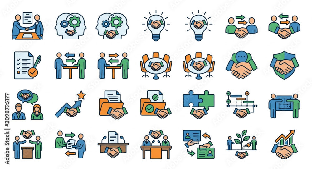 Obraz premium Colorful flat design business and teamwork icons set.