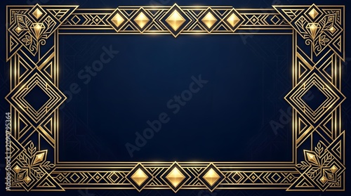 Elegant luxury Art Deco border frame with gold geometric patterns on a dark navy blue background. Perfect for premium wedding invitations, certificates, and cards.