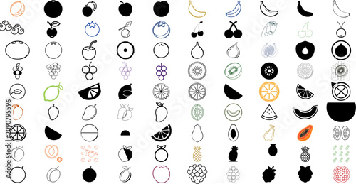 Fruits 1 vector icon set with 90 minimalist fruit symbols, apricot, banana, blueberry, fig, coconut and cherry outlines, silhouettes, tropical produce collection for labels, menus, packaging