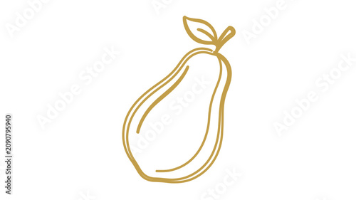 Golden pear fruit line vector icon with leaf and stem, delicate hand drawn outline on white background, minimalist fresh produce illustration for kitchen decor, labels, menus and natural food branding