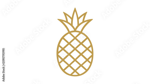 Golden outline pineapple vector icon with clean lattice lines and leafy crown on white background, minimalist tropical fruit illustration for menus, packaging, stickers, wellness brands, and summer