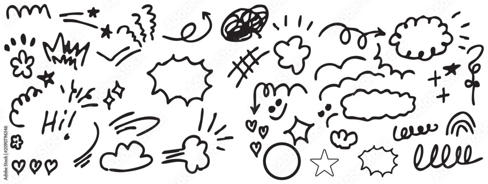 Obraz premium Collection of black hand drawn doodle elements isolated on white background