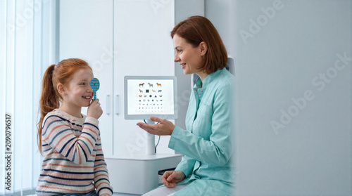 Child laughing during pediatric vision screening with animal-shaped device. Friendly optometrist uses playful equipment in eye clinic.