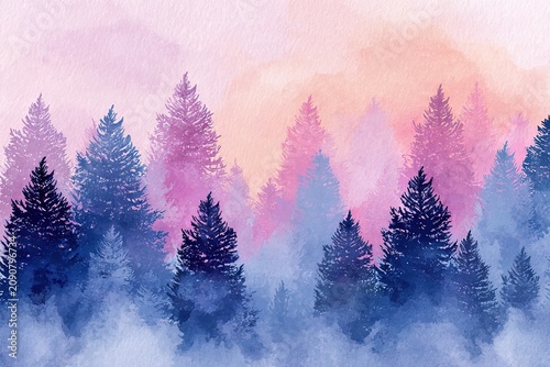 Delicate watercolor artwork tranquil pine forest beneath soft northern skies with smooth gradient effects. Suitable for postcards, invitations, tourism materials, calming visual concepts