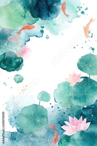 Vertical watercolor postcard tranquil lotus pond with graceful koi fish. Perfect for greeting cards, invitations, wall art, wellness branding, Asian inspired design projects with copy space