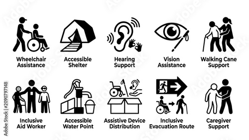 Black line icons showing accessibility support services for community empowerment