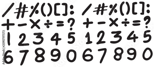Schilderij op canvas Hand drawn black numbers and mathematical symbols set isolated on white backgrou