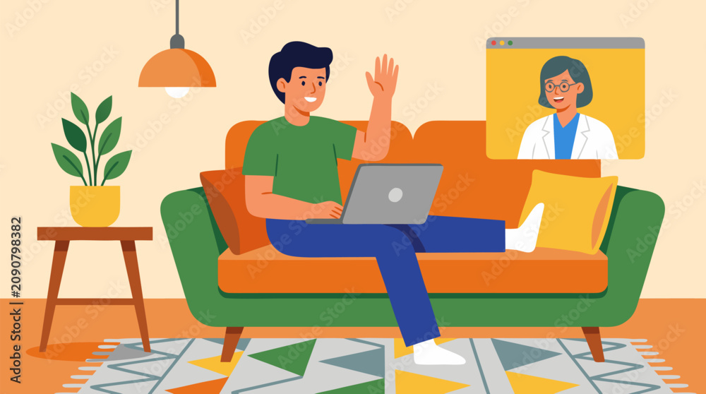 Fototapeta premium Cheerful flat vector illustration of a relaxed male patient waving hello during a telemedicine video consultation with a friendly female doctor on laptop from a comfortable living room sofa.