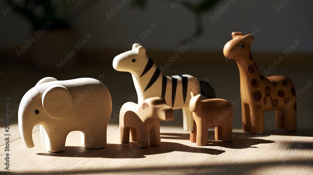Obraz premium A row of wooden toy animals including elephant zebra giraffe and small figures standing on a sunlit wooden surface