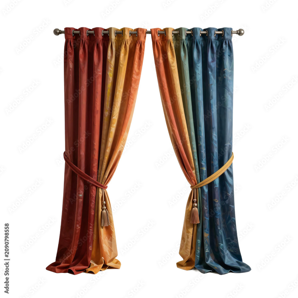 Naklejka premium Elegant multicolored curtains create a rainbow effect in an interior space on white background