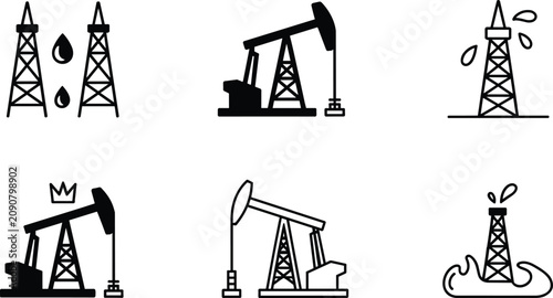 Quadro su tela Petroleum Extraction Icon Collection with Crude Oil Pumpjack and Derrick Tower G