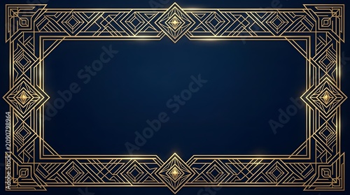 Sophisticated luxury Art Deco border frame with intricate gold geometric lines on a deep navy background. Perfect for premium menus, invitations, and stationery.