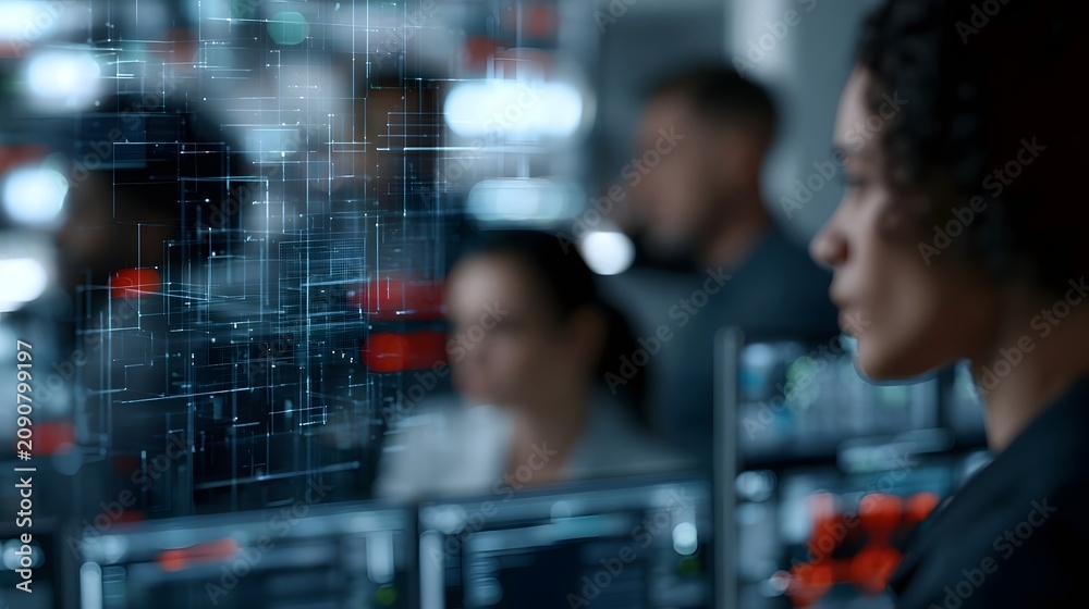 Obraz premium A person views digital interface overlays while colleagues work in a tech focused environment with glowing screens and abstract grid patterns