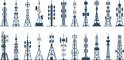 Bild auf Leinwand Wireless Telecommunication Tower Icon Set with Cellular Network Antennas and Rad