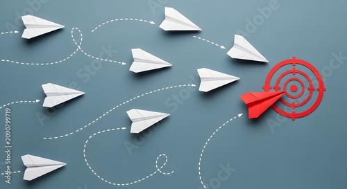 One red paper plane hitting target with white planes flying towards goal representing leadership and success
