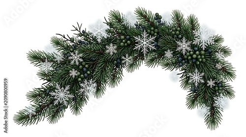 Christmas garland of pine branches, green berries, and white snowflake ornaments on white