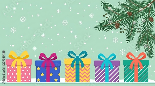 Five colorful gift boxes with ribbons and pine branches on a light green snowy background