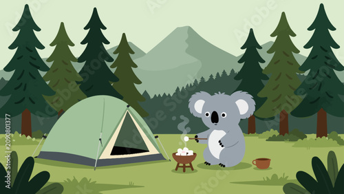Photography A koala bear camping in a forest with a tent and a fire pit vector