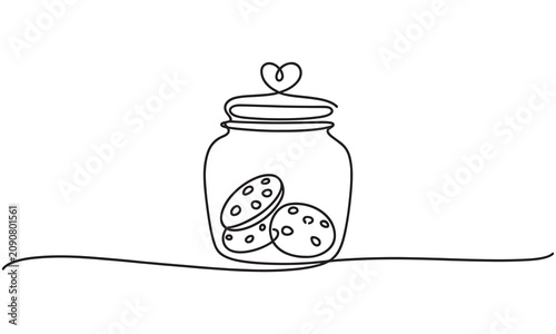 Continuous single line of a glass jar filled with round chocolate chip cookies, topped with a heart shape on the lid, isolated on a white background, simple black and white