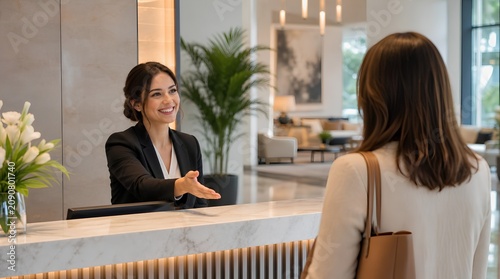 Cheerful hotel receptionist in black blazer warmly greeting a female guest across a marble front desk in a bright modern lobby with plants, flowers, lounge seating, and elegant hospitality decor