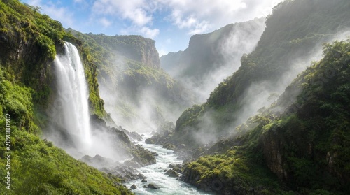 Powerful waterfall plunging through a lush green canyon, sunlit mist drifting over rugged cliffs and rushing river, dramatic tropical wilderness landscape for nature travel adventure
