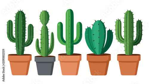 Fotografie Five varieties of potted cacti in diverse terracotta pots showcasing vector illu