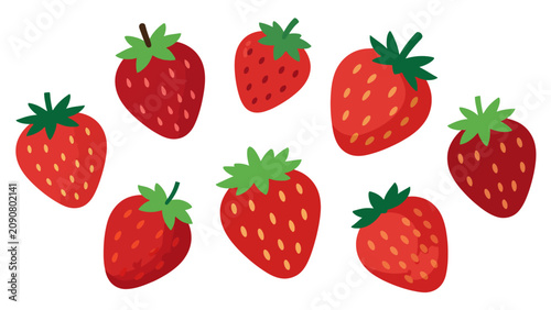 A collection of eight vibrant red strawberries with green tops and detailed textures, vector