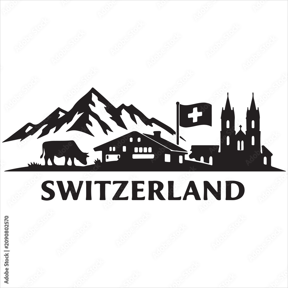Fototapeta premium Switzerland illustrated with alps, flag, and traditional architecture