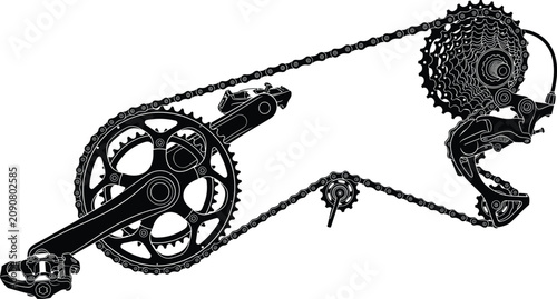 Tableau sur toile Bicycle drivetrain vector silhouette featuring chainring crankset pedal cassette