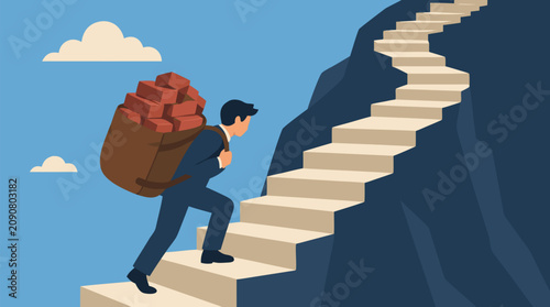 Determined businessman carrying an overloaded backpack of red bricks up a steep winding staircase on a mountain, vector metaphor for burden, burnout, obstacles, resilience, ambition and career