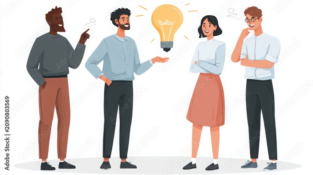 Obraz premium Diverse Team Discussing Creative Ideas with Light Bulb on White Background