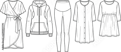 Quadro su tela Maternity clothing vector technical flat sketches including wrap dress hoodie le