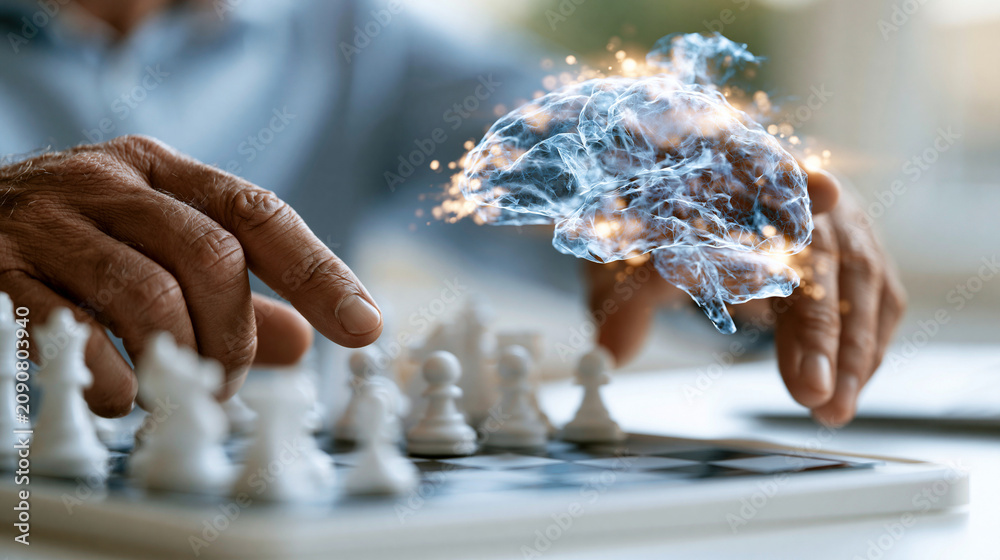 Naklejka premium A person interacting with a clean artificial intelligence powered digital brain over a chessboard on a bright background artificial intelligence machine learning strategy