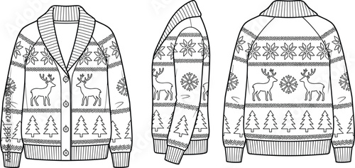 Foto Unisex shawl collar Christmas knit cardigan fashion technical flat sketch vector