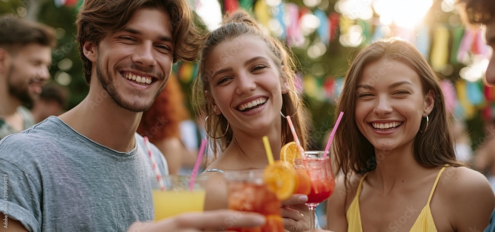 Fototapeta premium Young adults enjoying a lively garden barbecue, clinking colorful drinks under warm sunlight and festive décor.