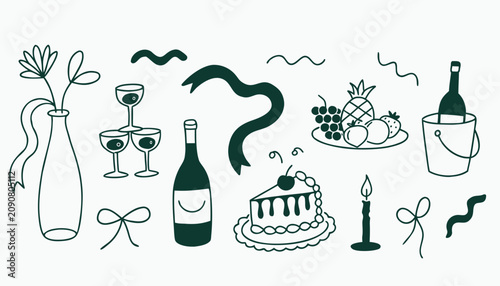 A simple line illustration showing festive items: a vase with flowers, wine glasses, bottles, a slice of cake with a cherry, a candle, a fruit plate, and decorative ribbons.