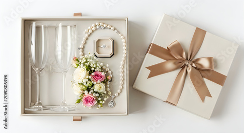 Elegant wedding proposal setup with champagne glasses and jewelry
