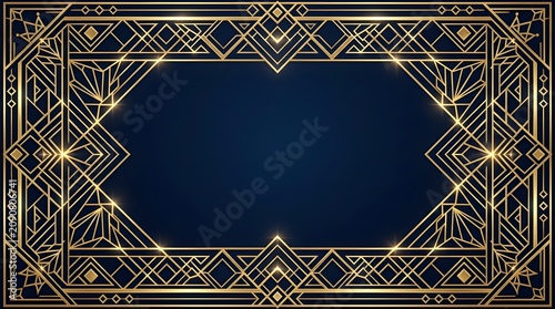 Elegant luxury Art Deco border frame featuring intricate gold geometric patterns and glowing light accents on a deep navy blue background. Perfect for premium designs.