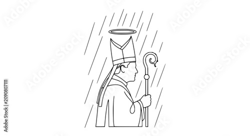 Obraz na plátně Bishop Saint Holding Crozier Staff Under Holy Halo and Rain - Line Art