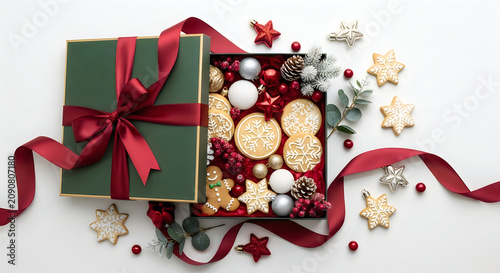 Festive holiday gift box with cookies ornaments and winter decor