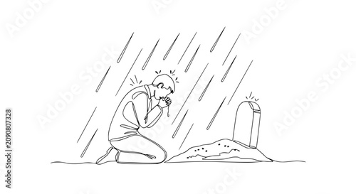 Photos Grieving Man Praying at Grave in Rain, Grief, Loss, Sadness, Remembrance