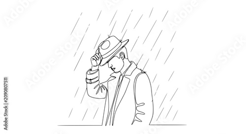 Tableau sur toile Man in Hat Under Falling Rain Single Line Drawing Art