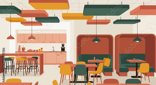 Modern minimalist kitchen interior with colorful stools and lighting