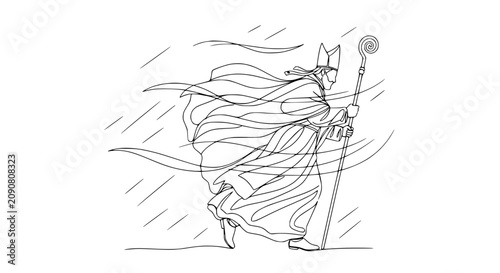 Foto Bishop Walking in Wind and Rain Line Drawing
