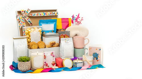 Vibrant gift basket with gourmet treats and home decor