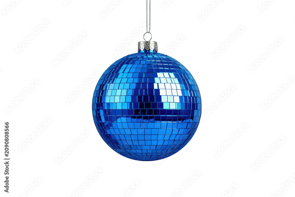 Obraz premium Blue mirror disco ball ornament hanging, celebrating festive holiday party, transparent background, glittering light reflection