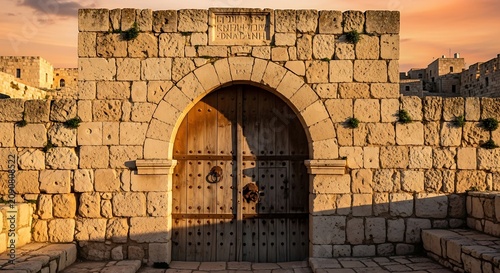 Ancient stone fortress gate with wooden doors at sunset with warm golden light