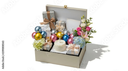 Elegant gift box arrangement with flowers and presents