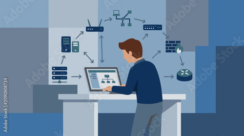 Focused IT administrator configuring secure network connections on a laptop, surrounded by floating device, server, firewall and router icons in a calm blue gray office vector illustration